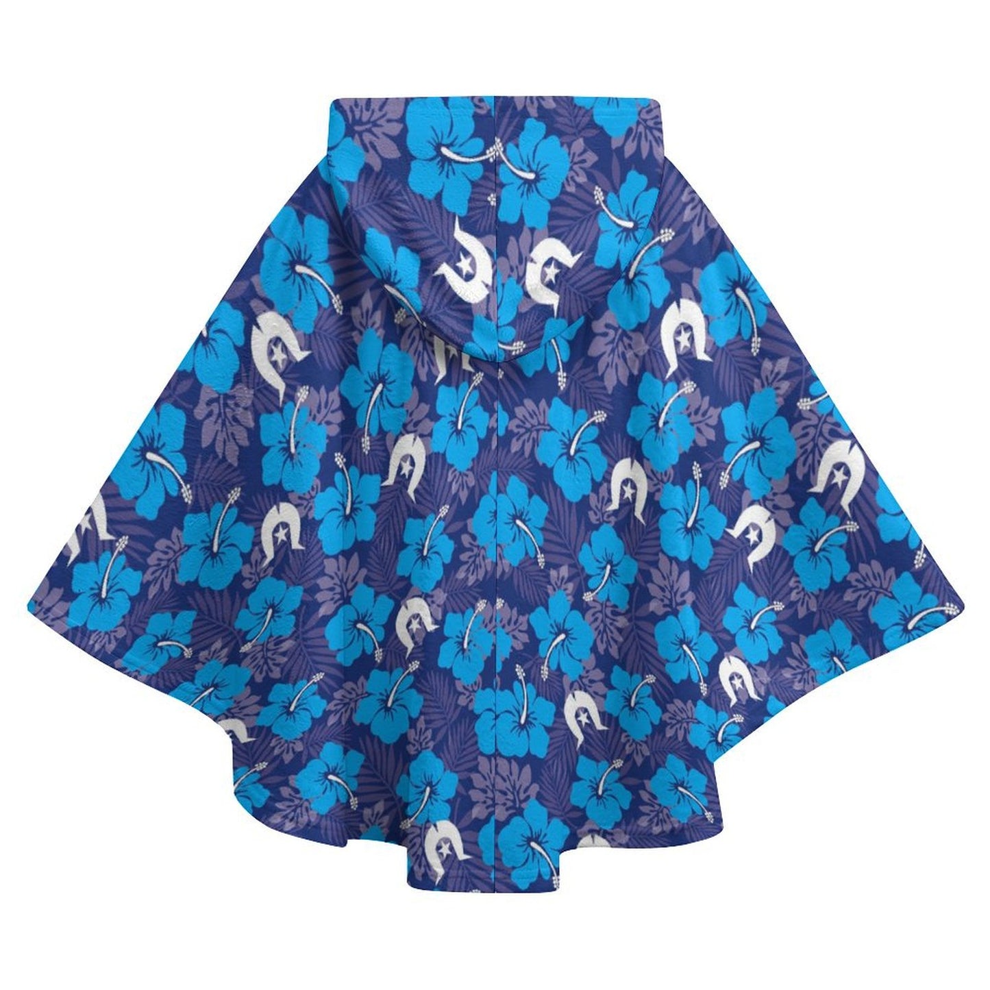 Hibiscus flowers with White Dhari (Royal blue) on Fleece Hooded Cape for Adults