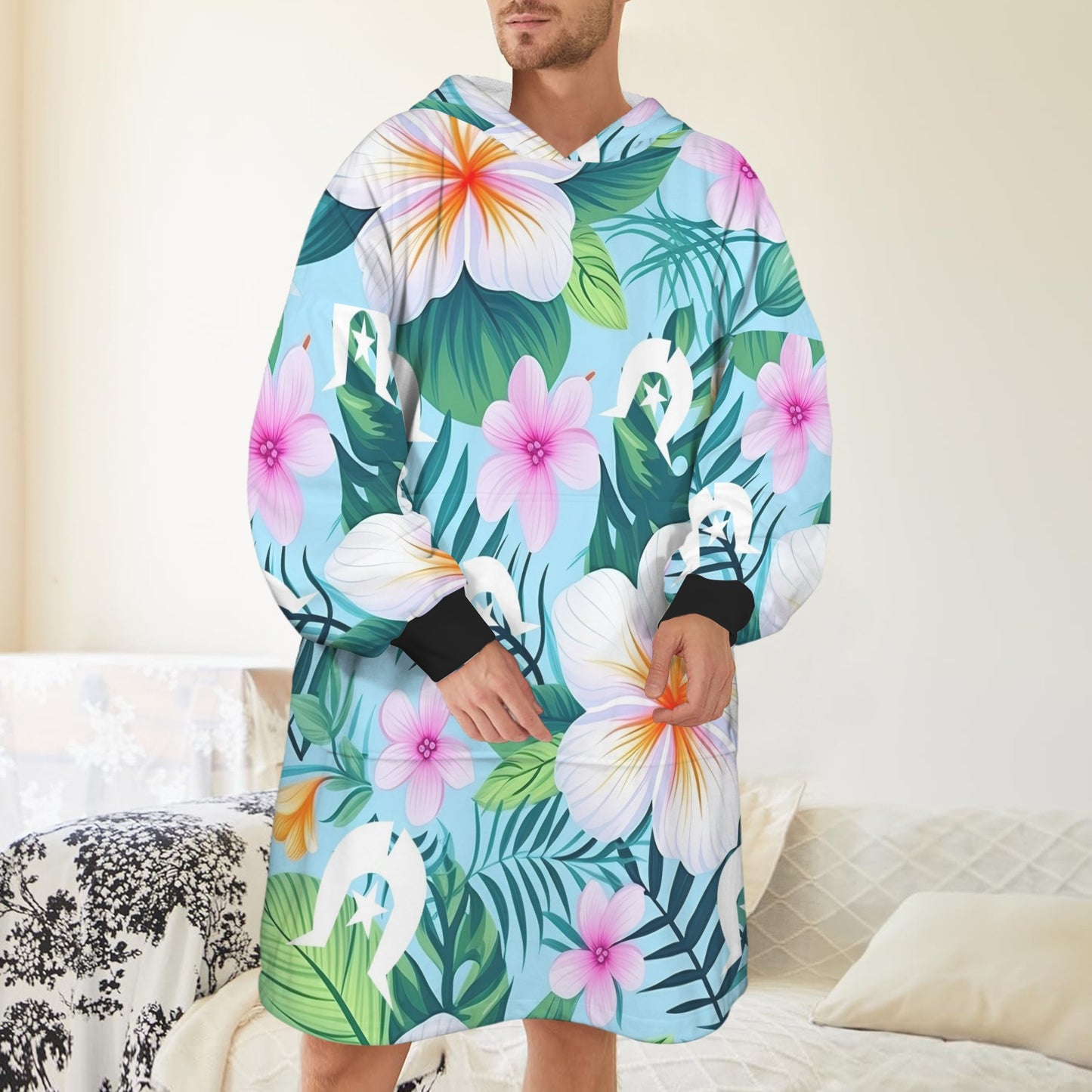 White Hibiscus flowers with White Dhari on Adult Unisex Blanket Hoodie