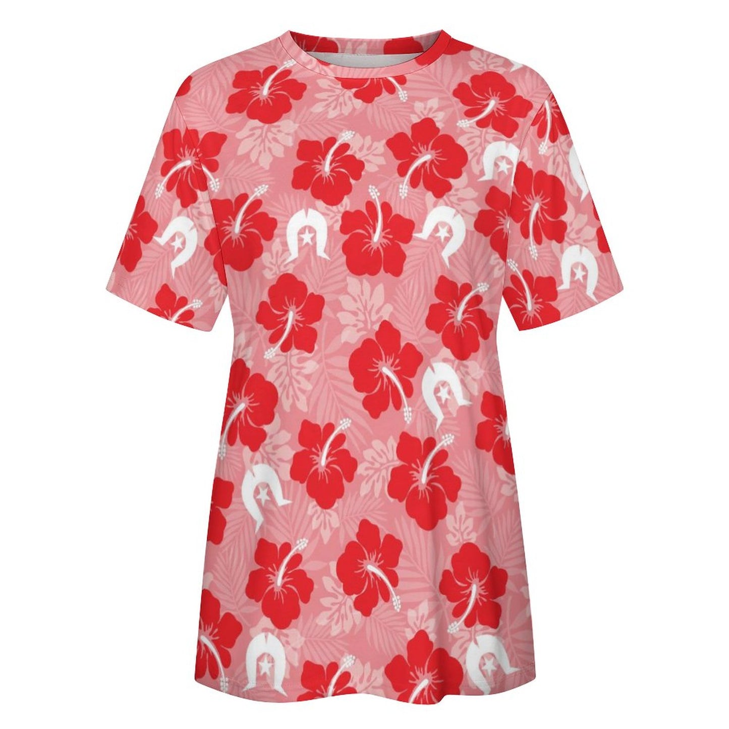 Hibiscus flowers with Dhari (Royal Pink) on Cotton Summer Short Sleeve T-Shirts for Women