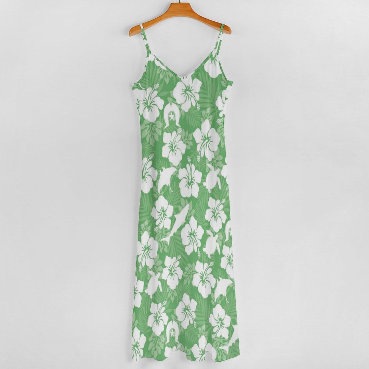 White hibiscus flowers with Dhari, Shark, turtle, and stingray (Green) on Ankle-length Slip Dress BDQ