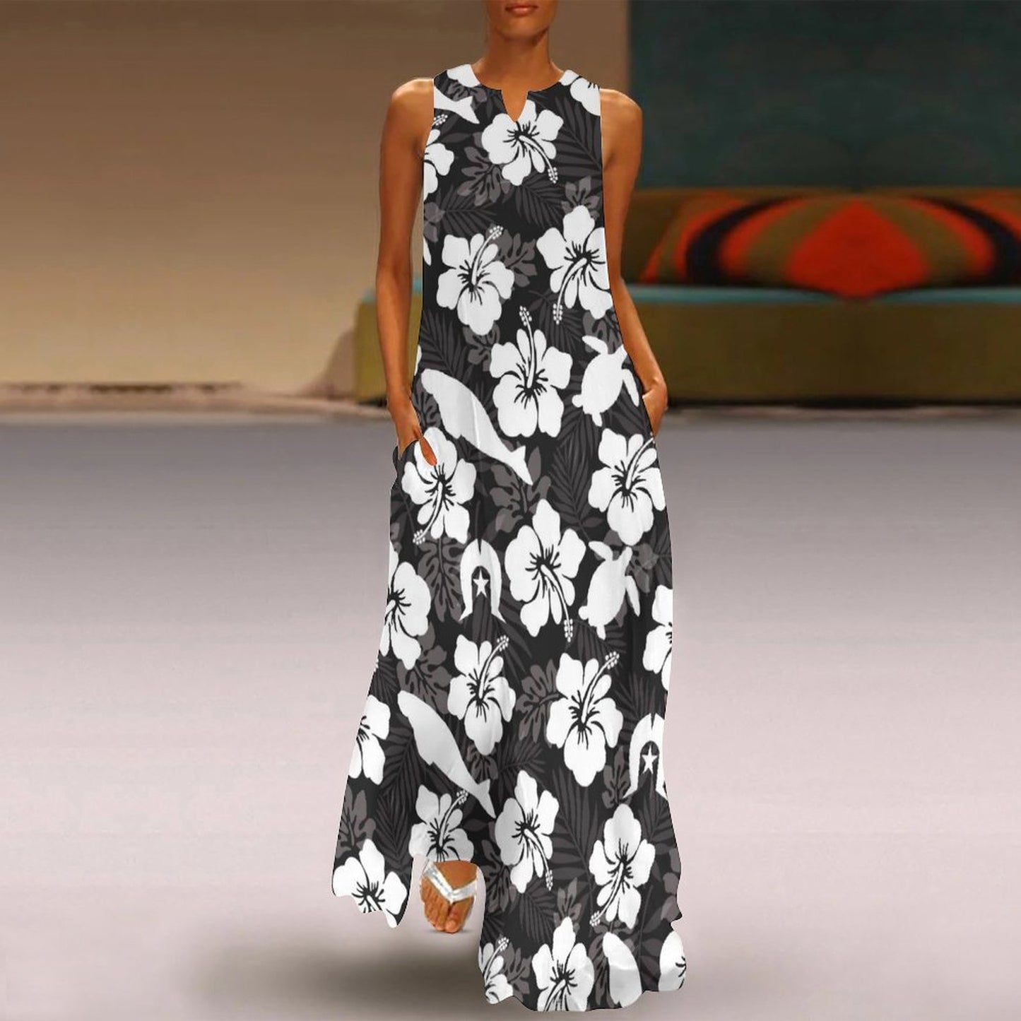 White hibiscus flowers with Dhari, Dugong and Turtle (Black) on Sleeveless Ankle-length Dress