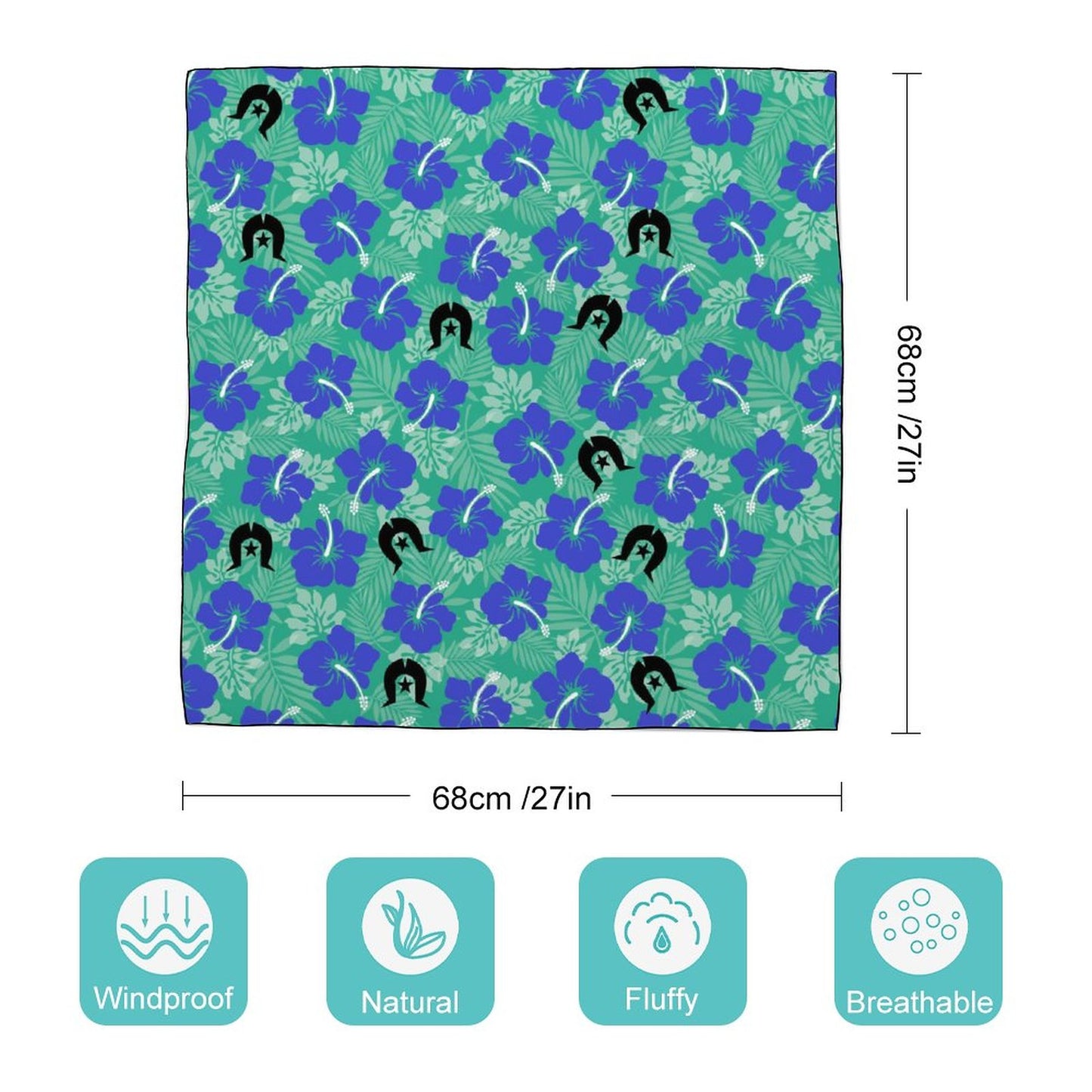 Royal Blue Hibiscus flowers with Black Dhari on Women's Scarf