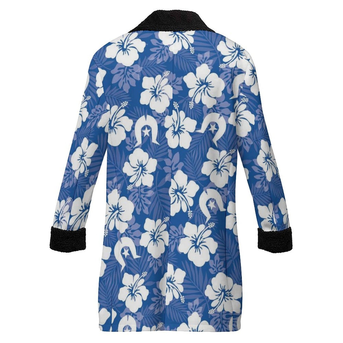 White Hibiscus and Dhari (Blue) on Men's Double Breasted Coat