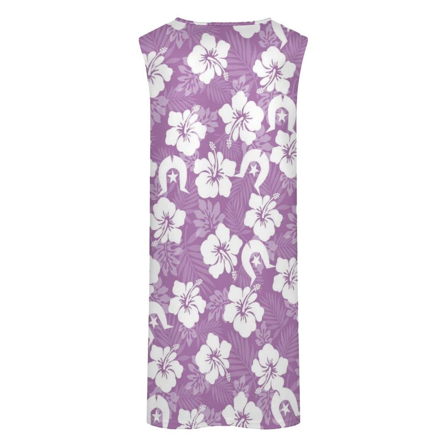 White Hibiscus and Dhari (Purple) on Sleeveless Pocket Dress