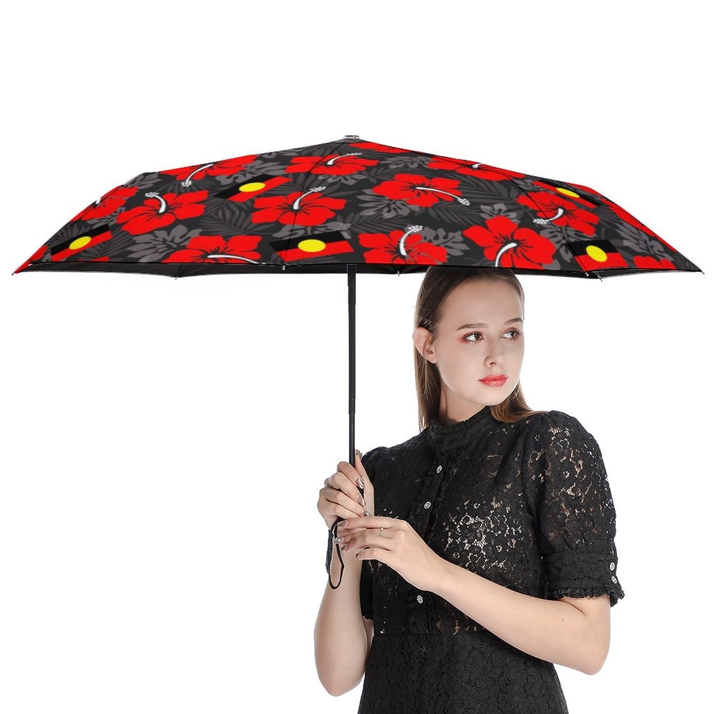 Red Hibiscus with Aboriginal flag on Tri-fold Automatic Umbrella