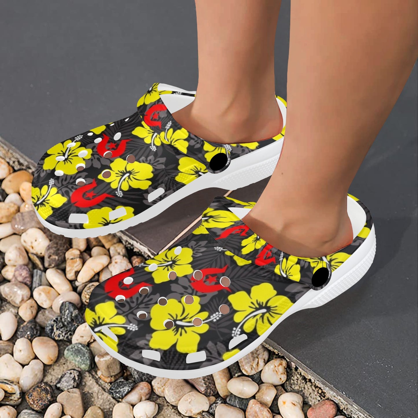 Royal yellow Hibiscus with Red Dhari on Adults Clogs