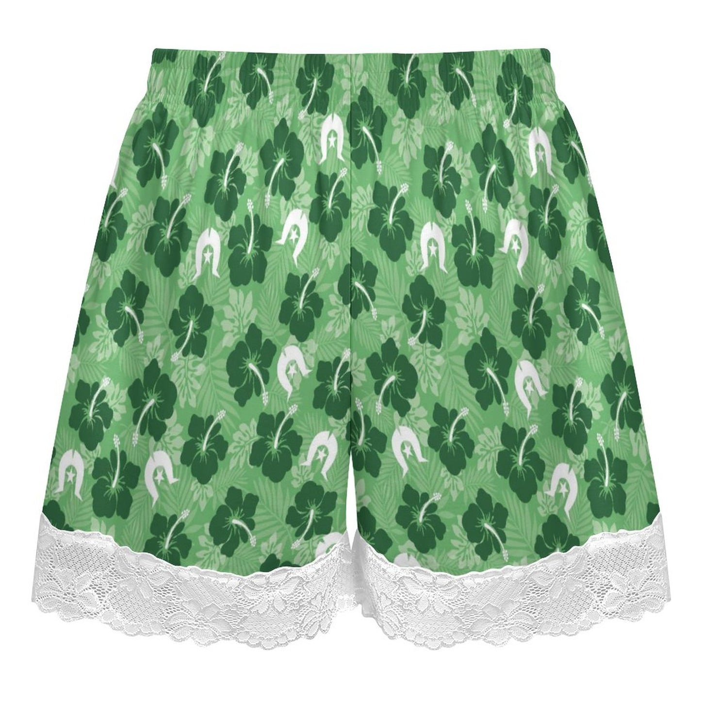 Hibiscus flowers with Dhari (Sea Grass Green) on 200gsm Women's Lace Trim Pajama Shorts