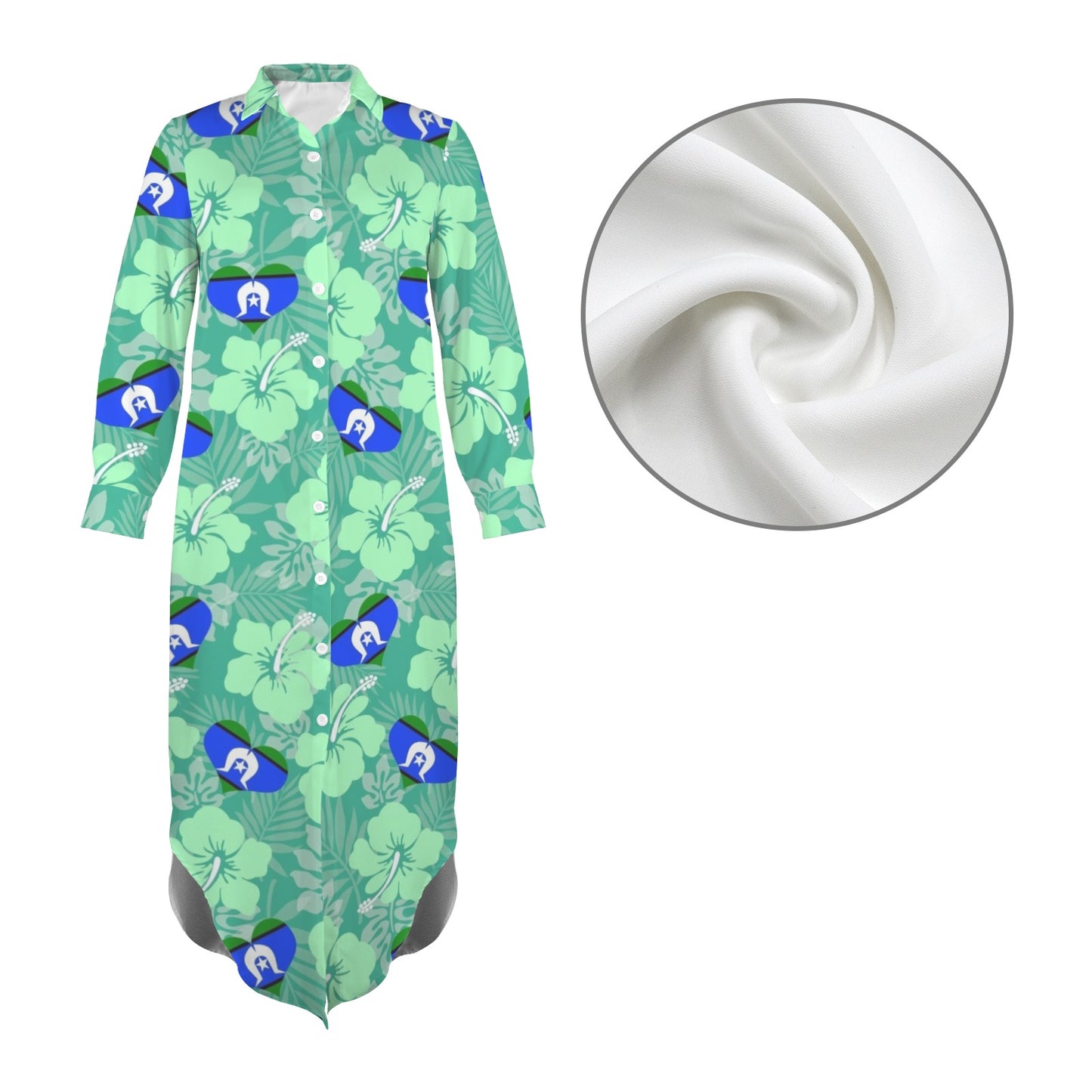 Hibiscus flowers with Torres Strait Heart Flag (Royal Mint) on Button Long Sleeve Shirt Dress