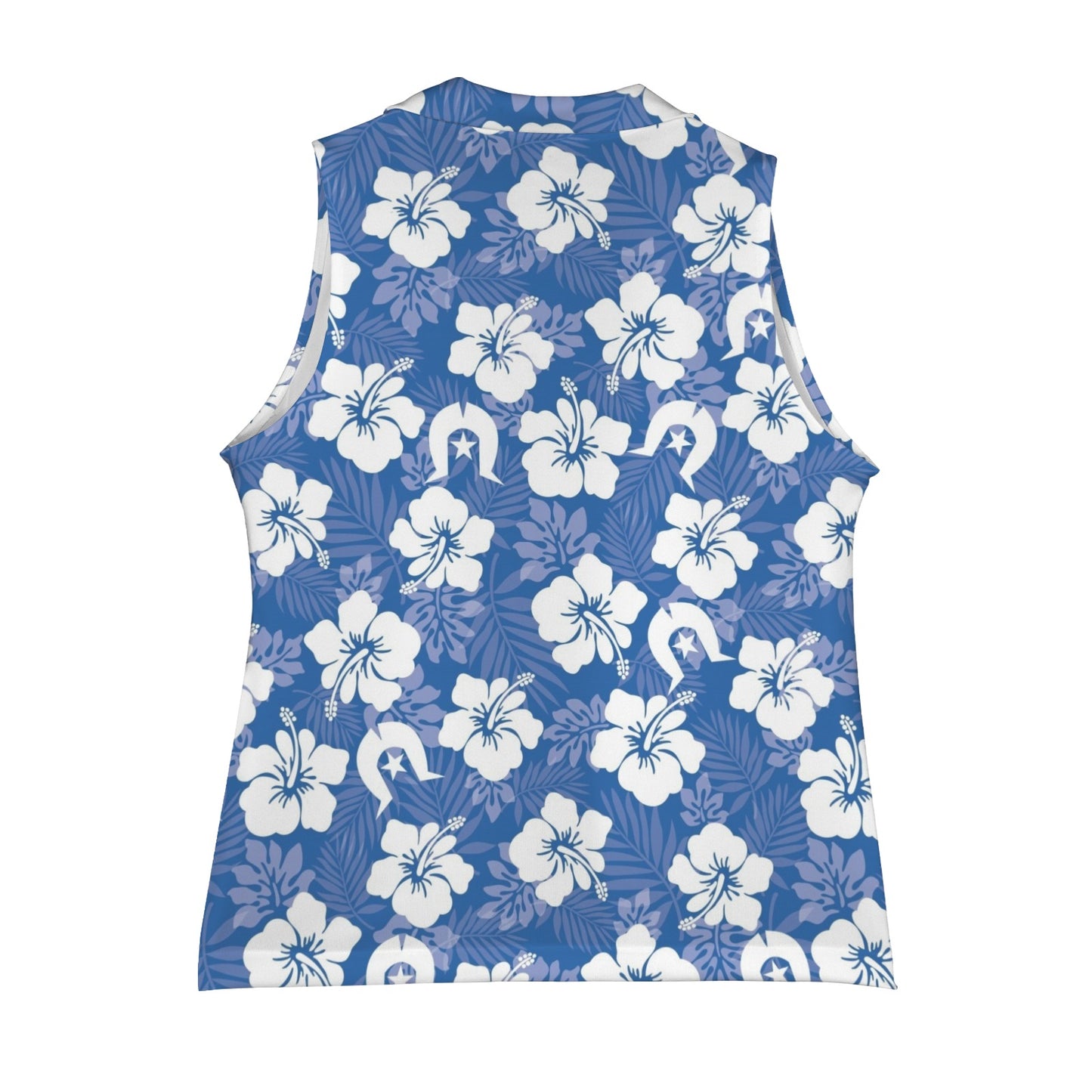 White Hibiscus flowers with Dhari (Blue) on Women Sleeveless Suit Vest
