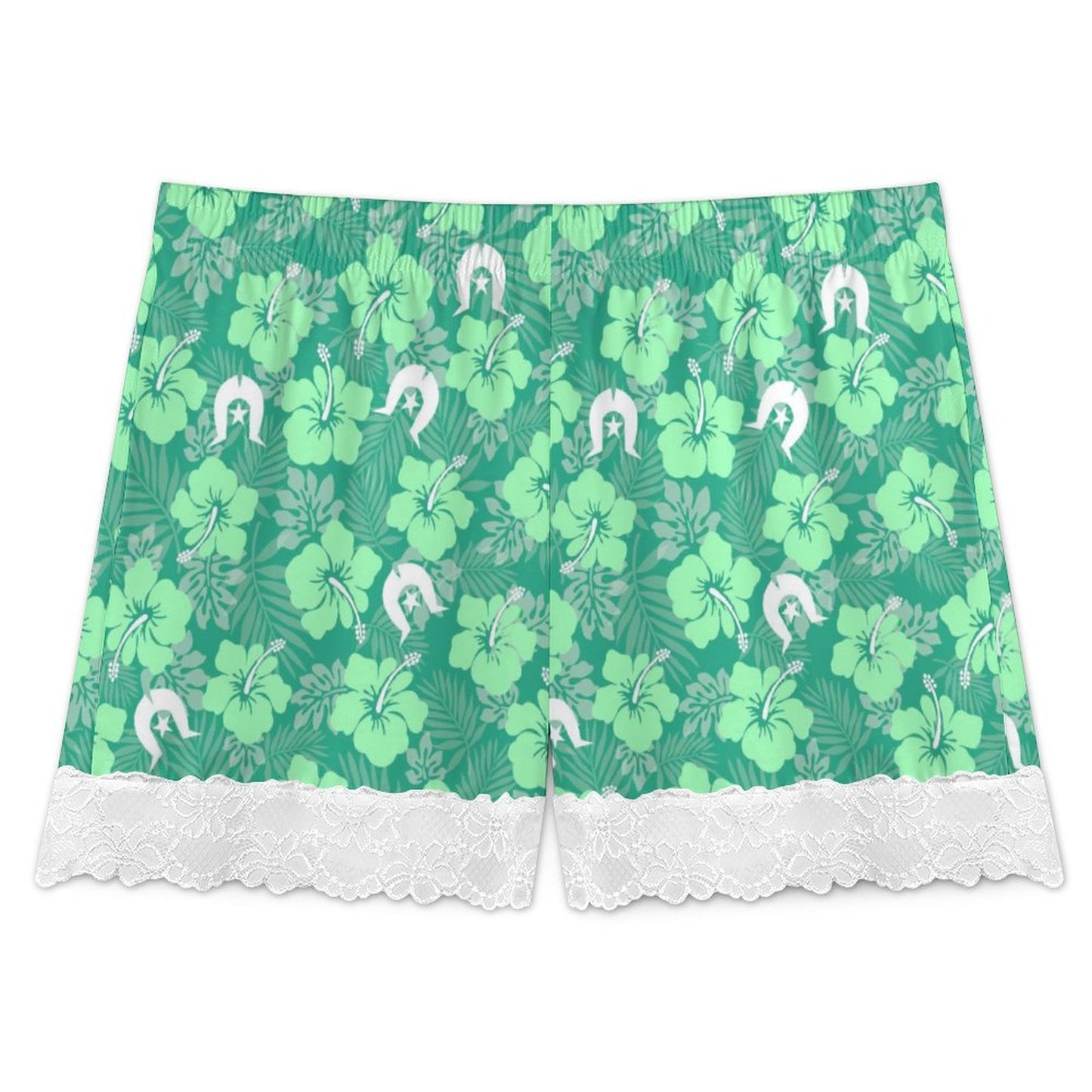 Hibiscus flowers with Dhari (Royal mint) on 200gsm Women's Lace Trim Pajama Shorts