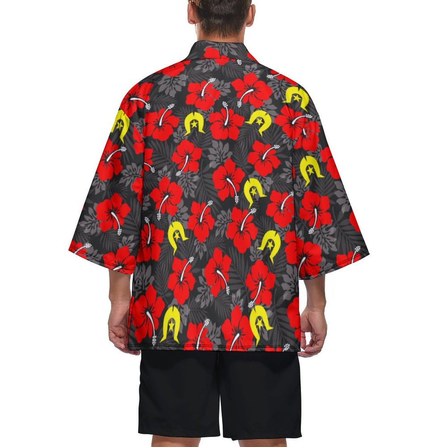 Royal Red Hibiscus with Yellow Dhari on Drop Shoulder Male Kimono Cardigan