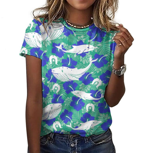 Royal Blue Hibiscus flowers with Whale, Dolphin and Dhari on Cotton Summer Short Sleeve T-Shirts for Women