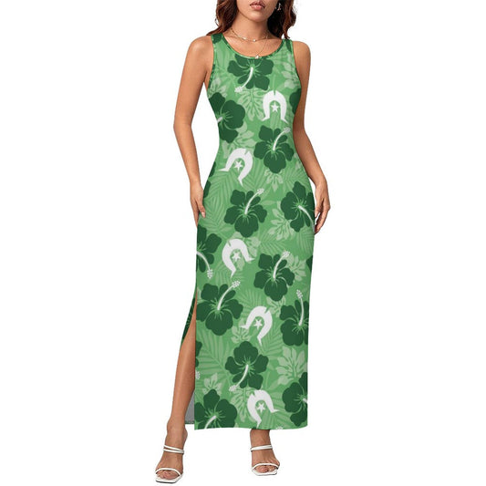 Hibiscus flowers with Dhari (Sea Grass Green) on 180gsm Slit Fitted Camisole Cheongsam