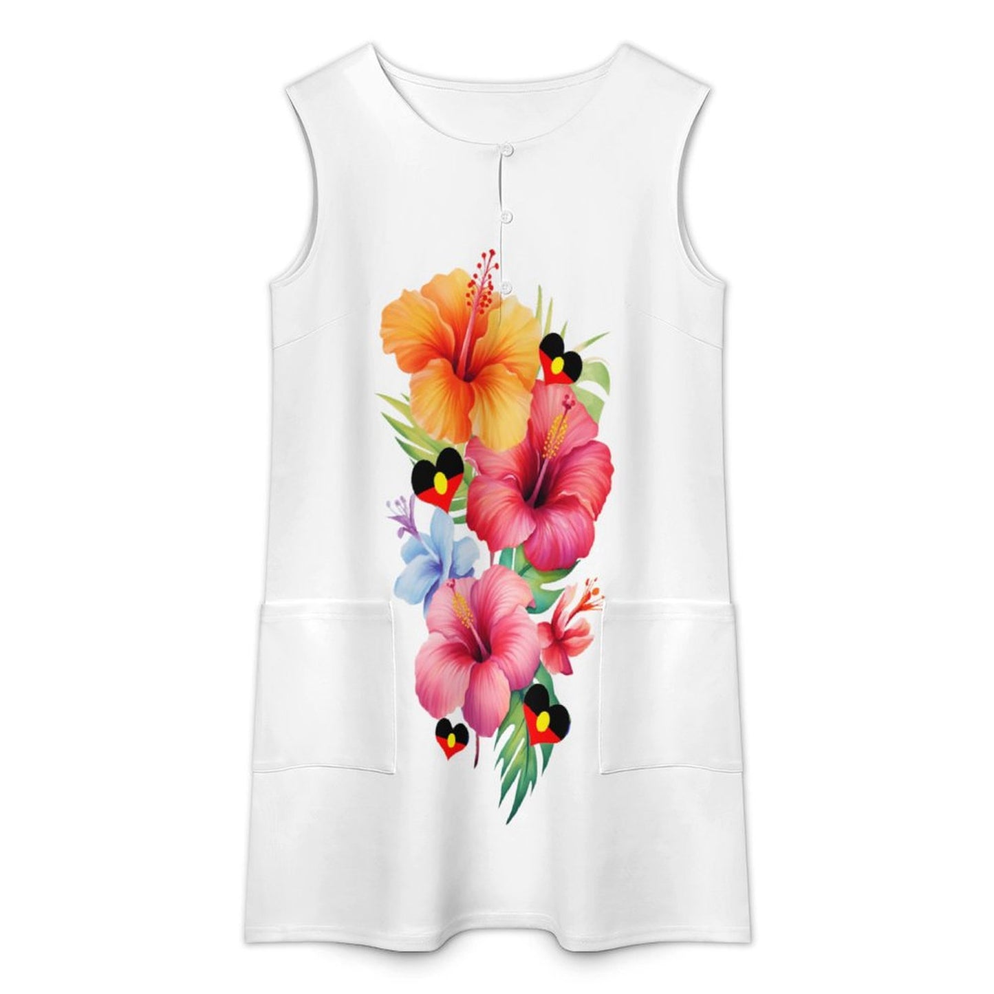 Hibiscus flowers with heart shaped Aboriginal flag on Sleeveless Pocket Dress