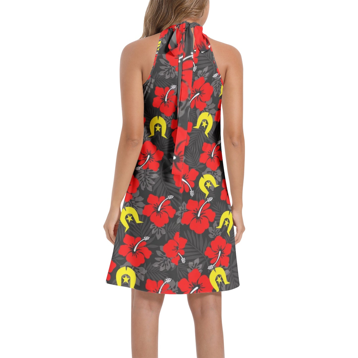 Royal Red Hibiscus with Yellow Dhari on Tie Back Halter Neck Flared Dress