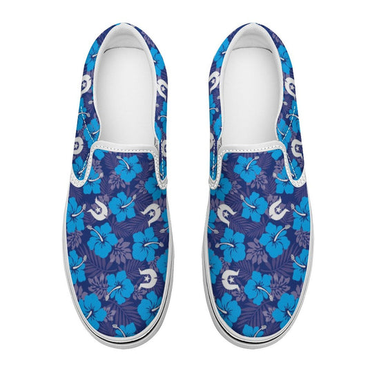 Hibiscus flowers with White Dhari (Royal blue) on Canvas Shoes for Teenagers