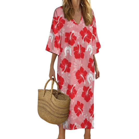 Hibiscus flowers with Dhari (Royal Pink) on Mediterranean Style V Neck Mid-Sleeve Robe