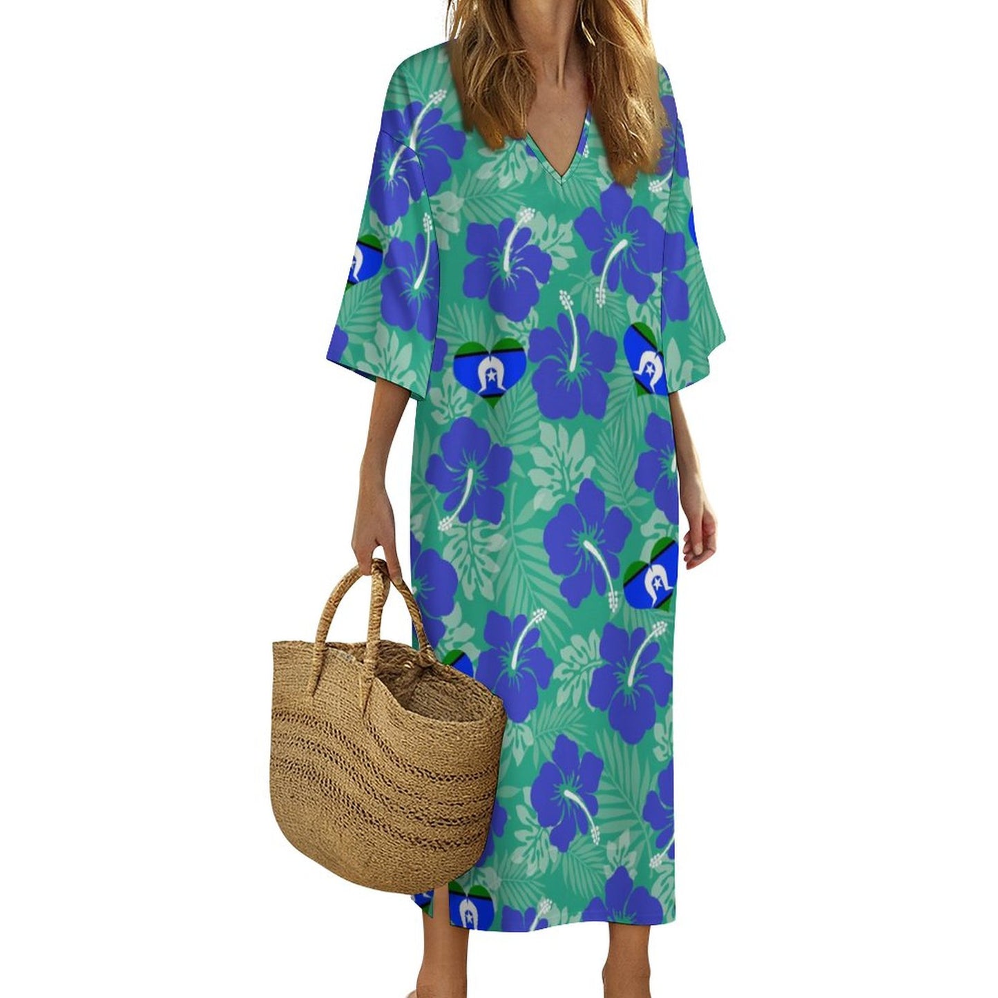 Hibiscus flowers with Torres Strait flag on Mediterranean Style V Neck Mid-Sleeve Robe