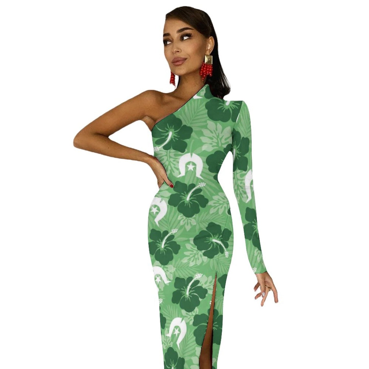 Hibiscus flowers with Dhari (Sea Grass Green) on One Shoulder Split Dress BIQ