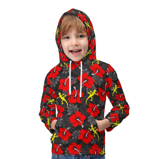 Royal Red Hibiscus flowers with Gecko on Children's Hoodie