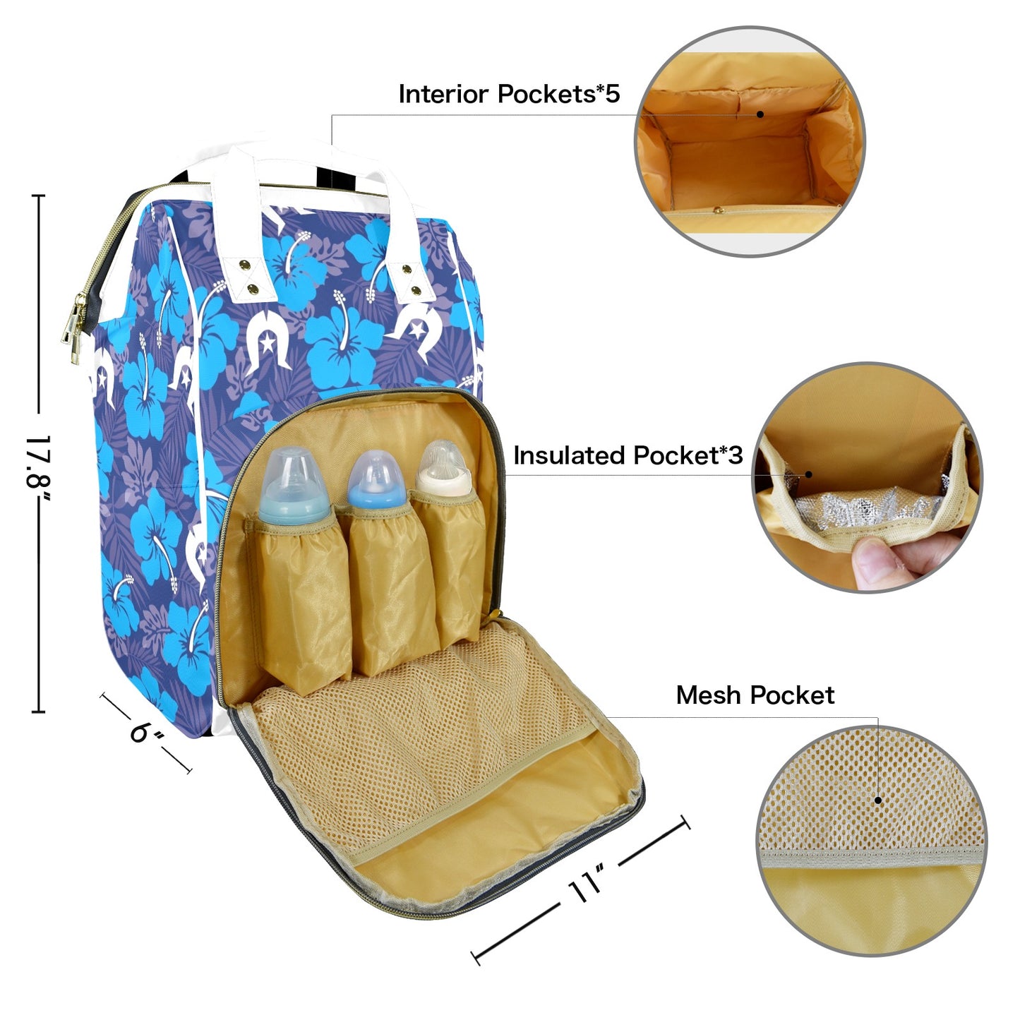 Hibiscus flowers with White Dhari (Royal blue) on  Baby backpack / bag (Large)