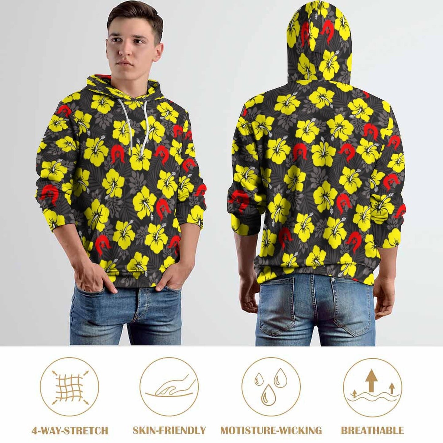 Royal yellow Hibiscus with Red Dhari on Men's Cool Hoodie with Double-layer Cap