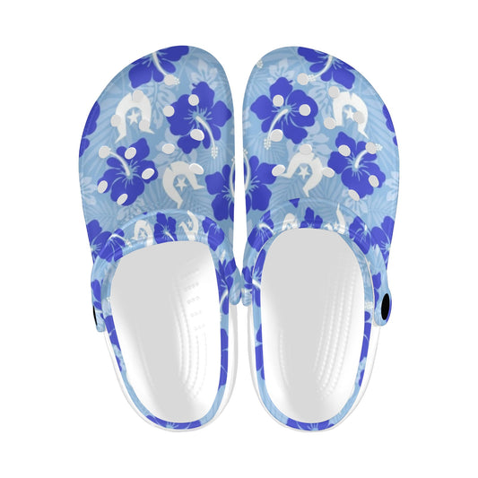 Hibiscus flowers with White Dhari (Sky blue) on Adults Clogs
