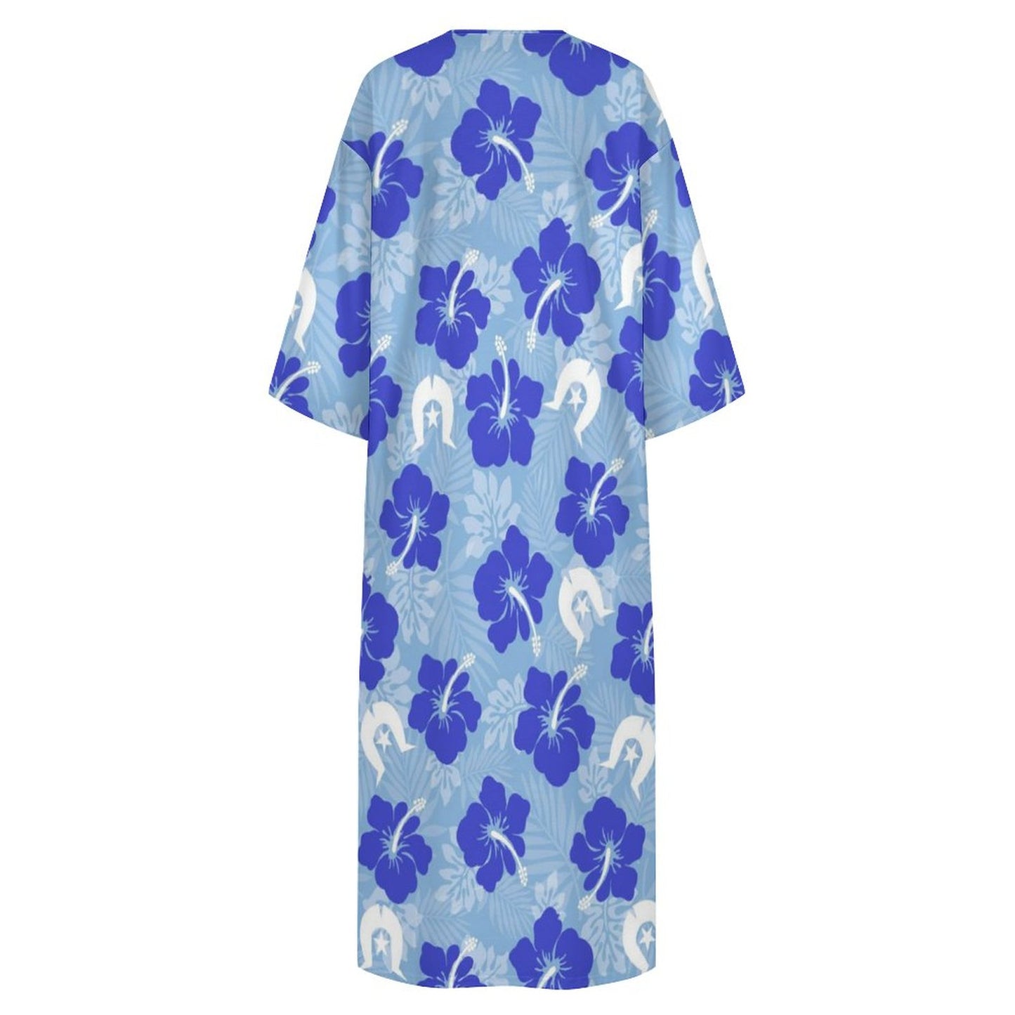 Hibiscus flowers with White Dhari (Sky blue) on Mediterranean Style V Neck Mid-Sleeve Robe