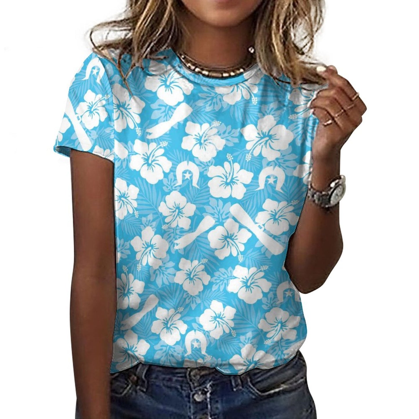 White Hibiscus flowers, Warup and Dhari on Cotton Summer Short Sleeve T-Shirts for Women