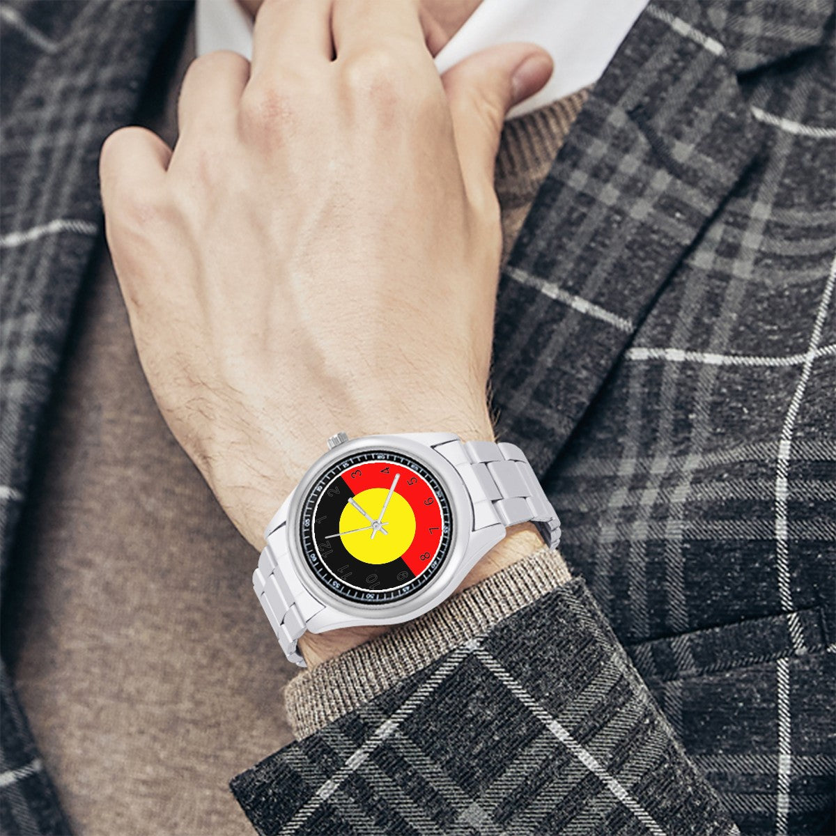 Aboriginal Flag on Simple Stainless Steel Watch
