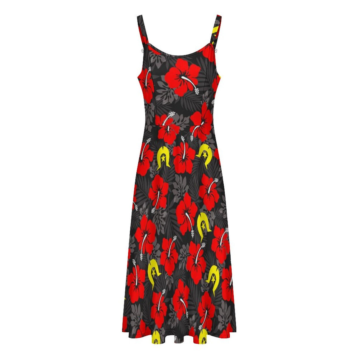 Royal Red Hibiscus with Yellow Dhari on Midi Spaghetti Strap Dress