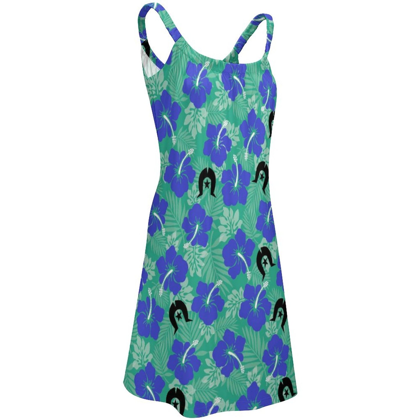 Royal Blue Hibiscus flowers with Black Dhari on Sleeveless Dress