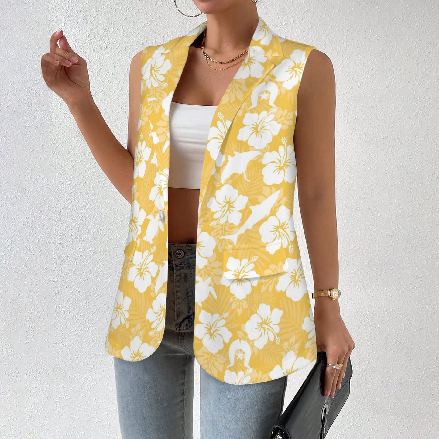 White hibiscus flowers with Dhari, Shark, turtle, and stingray (Orange) on Women Sleeveless Suit Vest