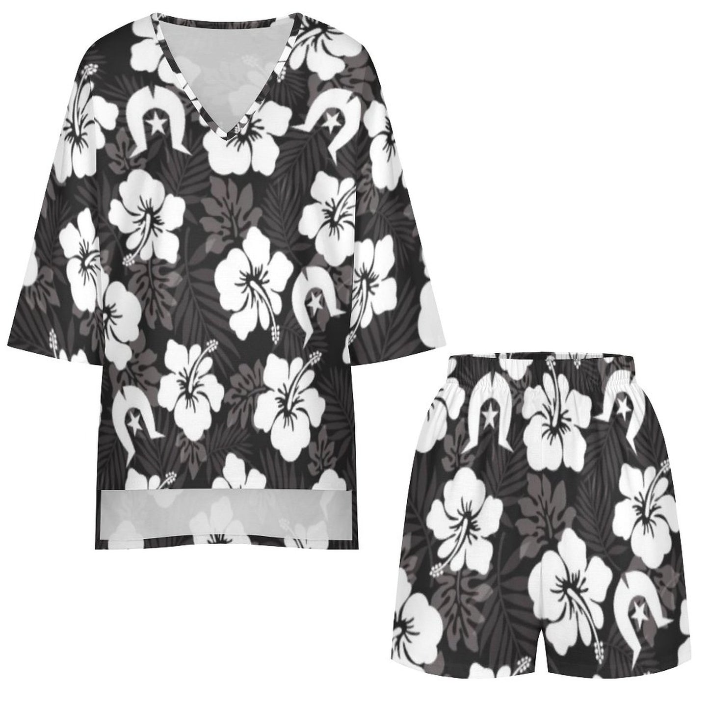 White Hibiscus and Dhari (Black) on Mediterranean Style V-Neck Suit