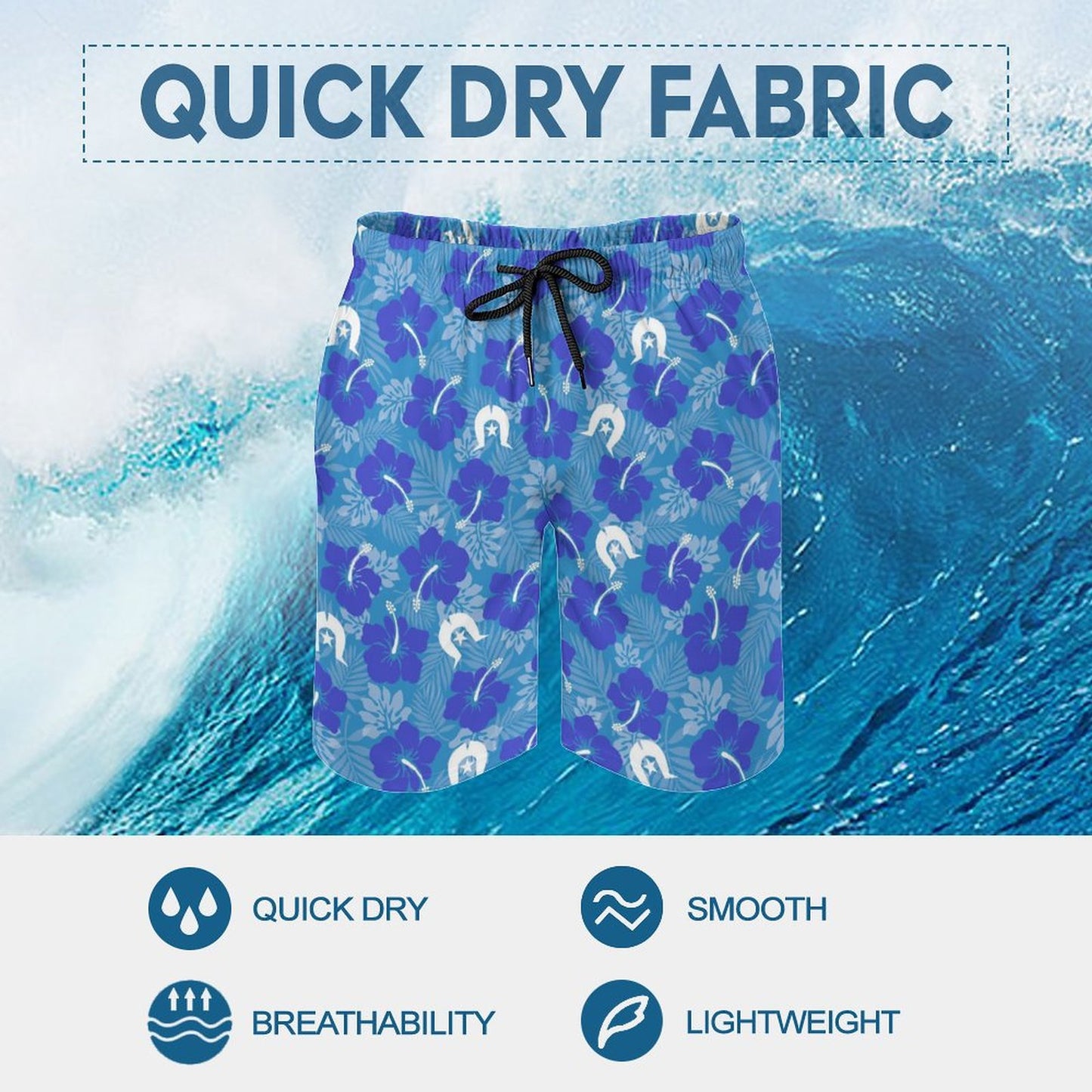 Hibiscus flowers with Dhari (Royal blue) on Men's Board Shorts