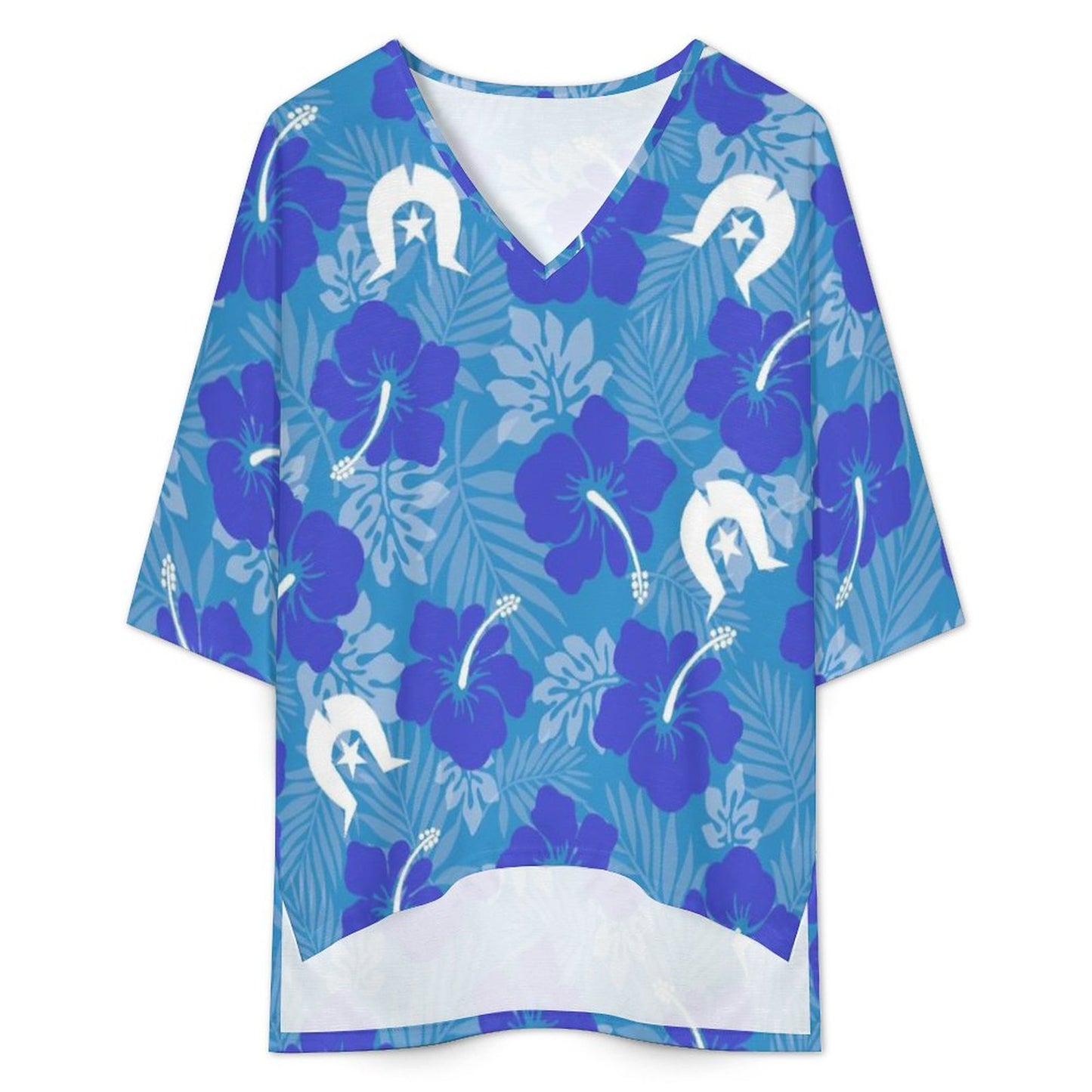 Hibiscus flowers with White Dhari (Royal blue) on Mediterranean Style V-Neck Suit