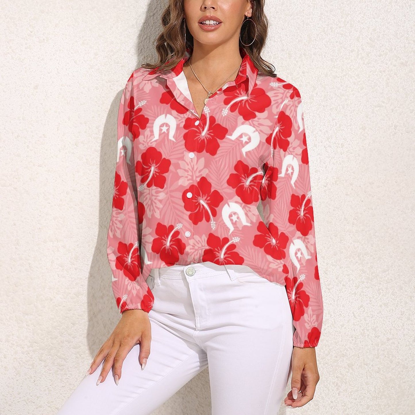 Hibiscus flowers with Dhari (Royal Pink) on Casual Long Sleeve Vintage Tour Shirt