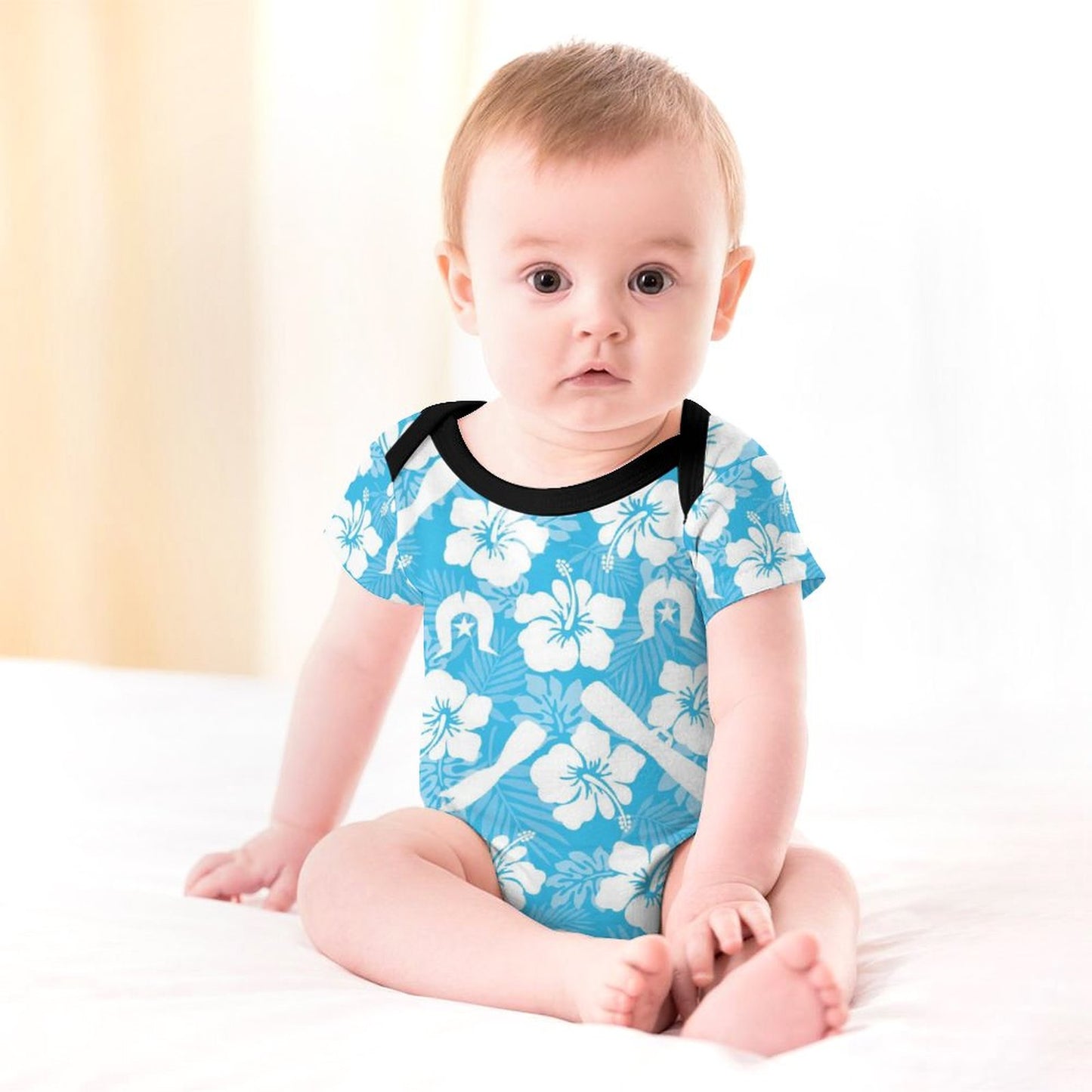 White Hibiscus flowers, Warup and Dhari on Faux Cotton Short Sleeve Baby Romper