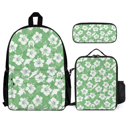 White hibiscus flowers with Dhari, Shark, turtle, and stingray (Green) on Set of 3 Bags (Shoulder Bag Lunch Bag & Pencil Pouch)