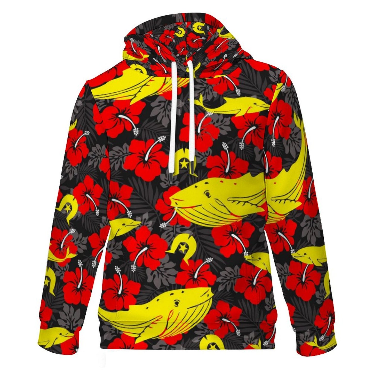 Royal Red Hibiscus with Yellow Dhari, Whale and Dolphin on Children's Hoodie