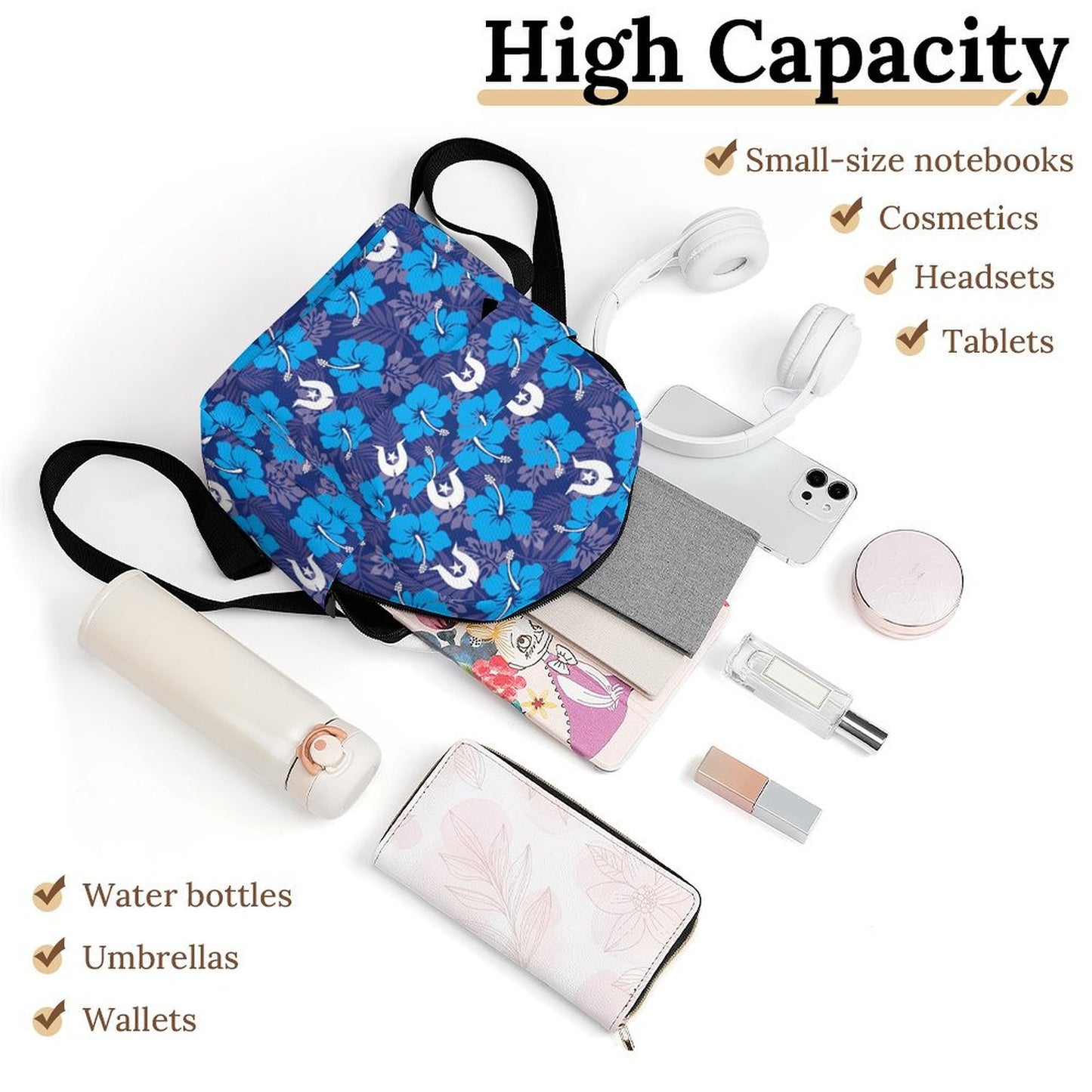 Hibiscus flowers with White Dhari (Royal blue) on Mini Backpack