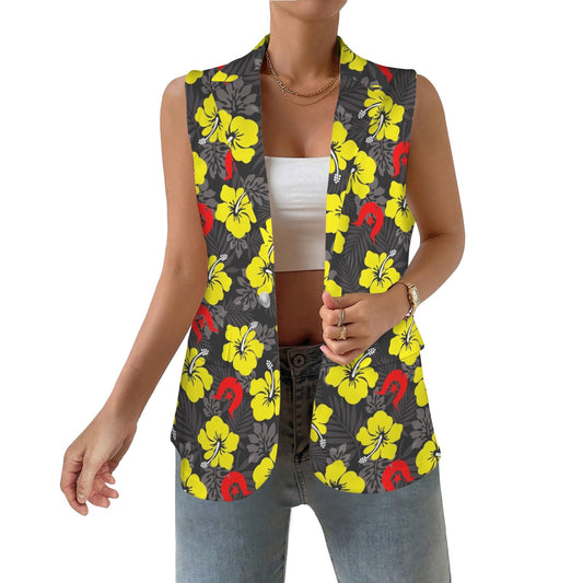 Royal yellow Hibiscus with Red Dhari on Women Sleeveless Suit Vest