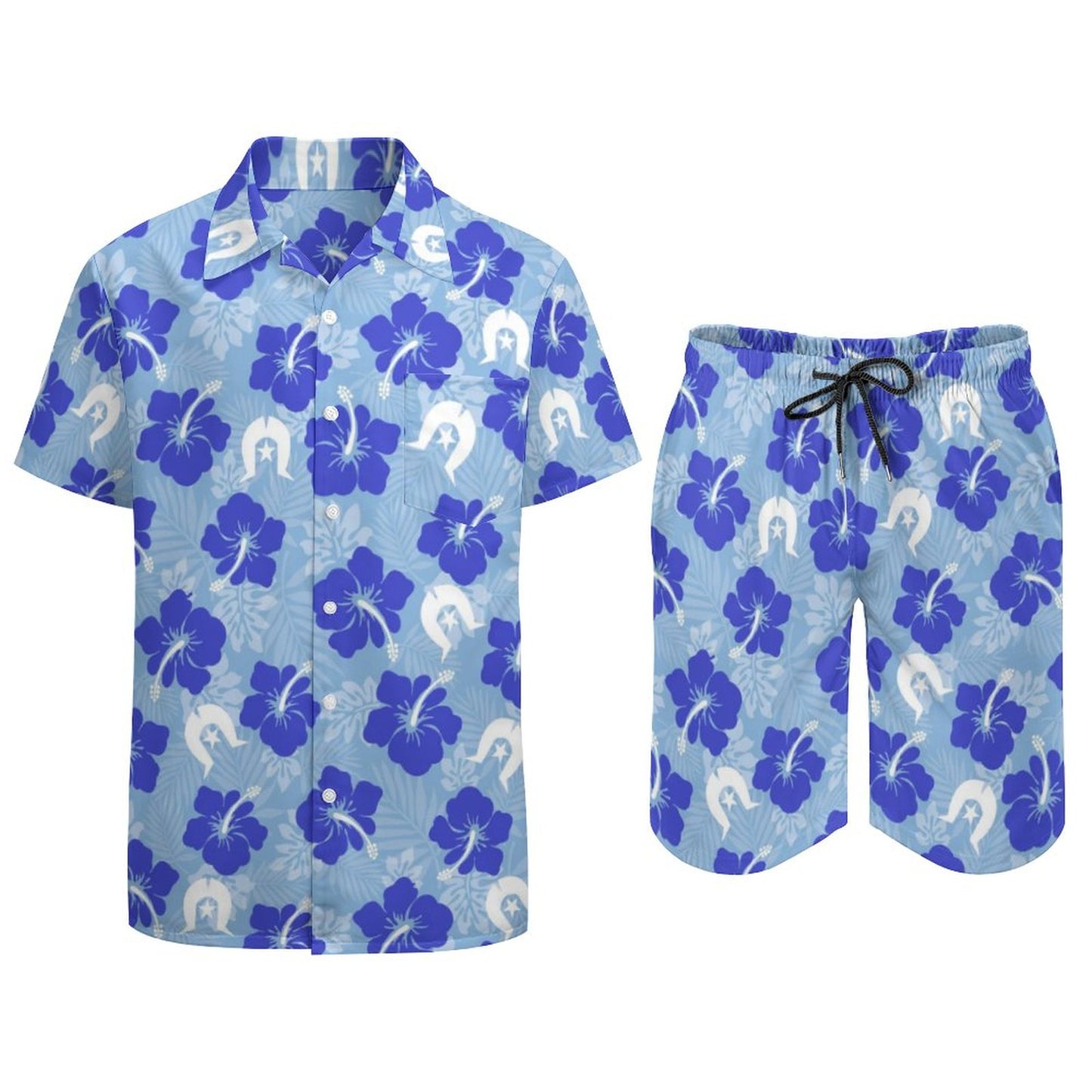 Hibiscus flowers with White Dhari (Sky blue) on Hawaiian Suits for Men