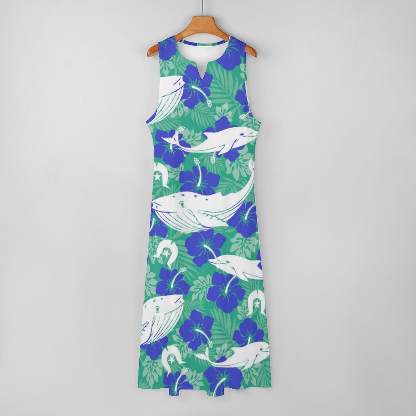Royal Blue Hibiscus flowers with Whale, Dolphin and Dhari on Sleeveless Ankle-length Dress