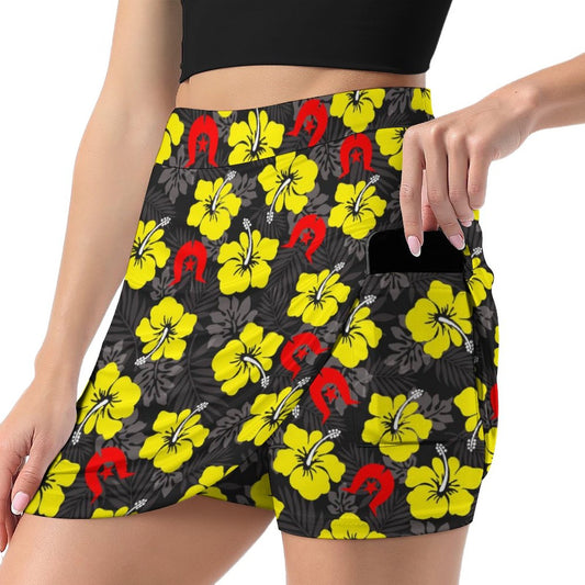 Royal yellow Hibiscus with Red Dhari on Anti-peep Skort with Pocket AMQ
