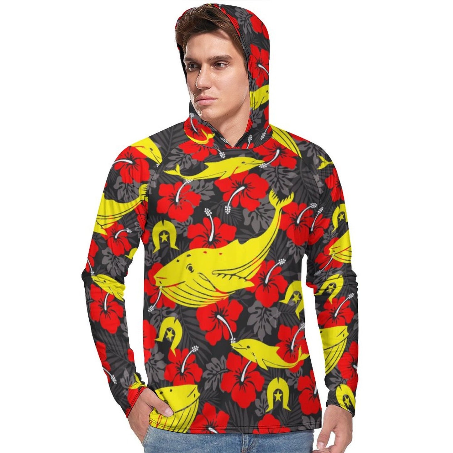 Royal Red Hibiscus with Yellow Dhari, Whale and Dolphin on Men's UPF 40+ Sun Protection Fishing Shirt