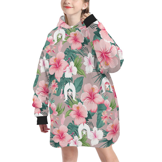 Pink Hibiscus flowers with White Dhari on Blanket Hoodie for Big Kids