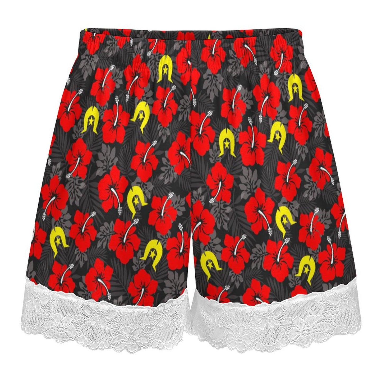 Royal Red Hibiscus with Yellow Dhari on 200gsm Women's Lace Trim Pajama Shorts
