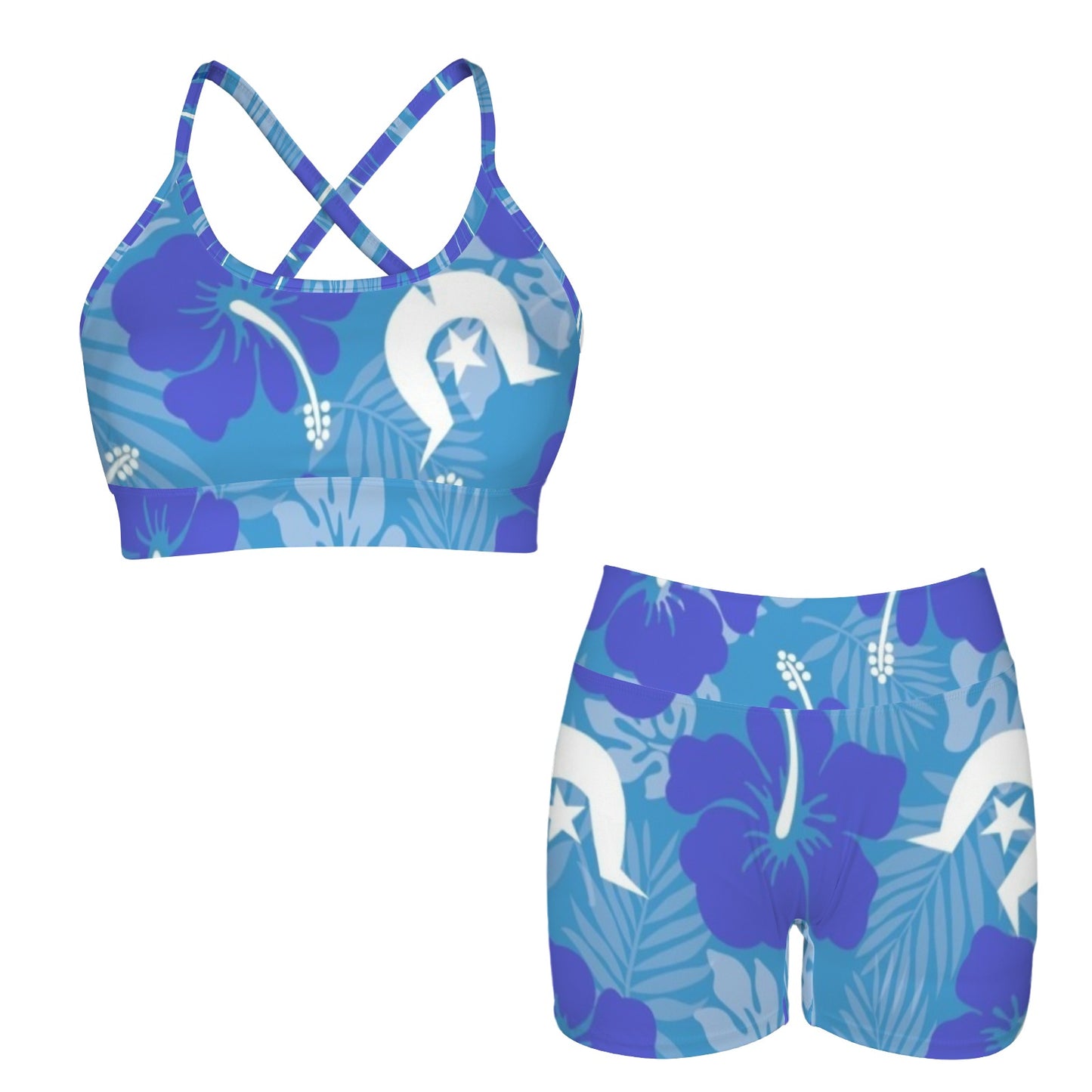 Hibiscus flowers with Dhari (Royal blue) on Cross Back String Sports Bra & High Waist Shorts Active Sets