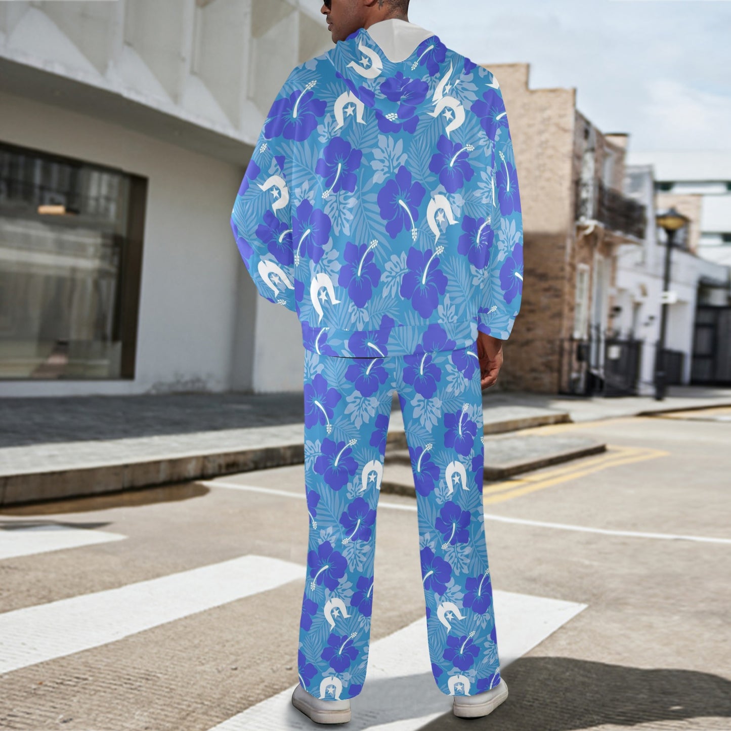 Hibiscus flowers with Dhari (Royal blue) on Men's Streetwear Oversized Flared Tracksuit